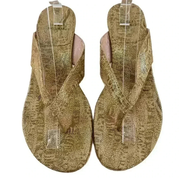 Stuart Weitzman sandals 10.5 gold leather snakeskin print cork platform thong - Picture 2 of 14